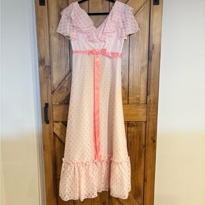 Vintage Woman’s Dress 70’s Pink Ruffle Lace Empire Waist Maxi With Satin Ribbon